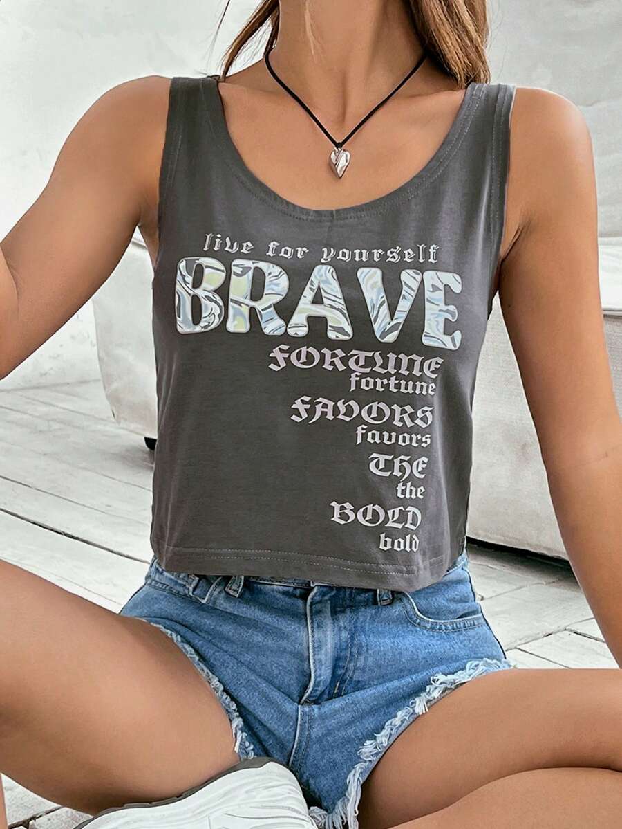 SHEIN EZwear 標語圖案背心上衣 - 灰色 - 查看 1