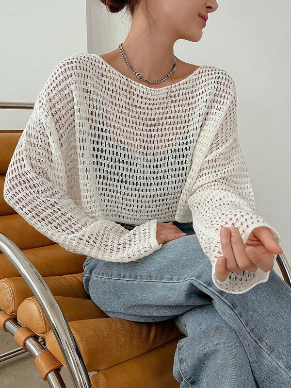 DAZY Hollow Out Drop Shoulder Crop Sweater Sheer