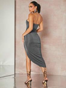 SHEIN BAE 前扭結高衩金屬亮絲掛脖洋裝