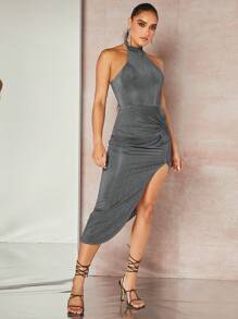 SHEIN BAE 前扭結高衩金屬亮絲掛脖洋裝