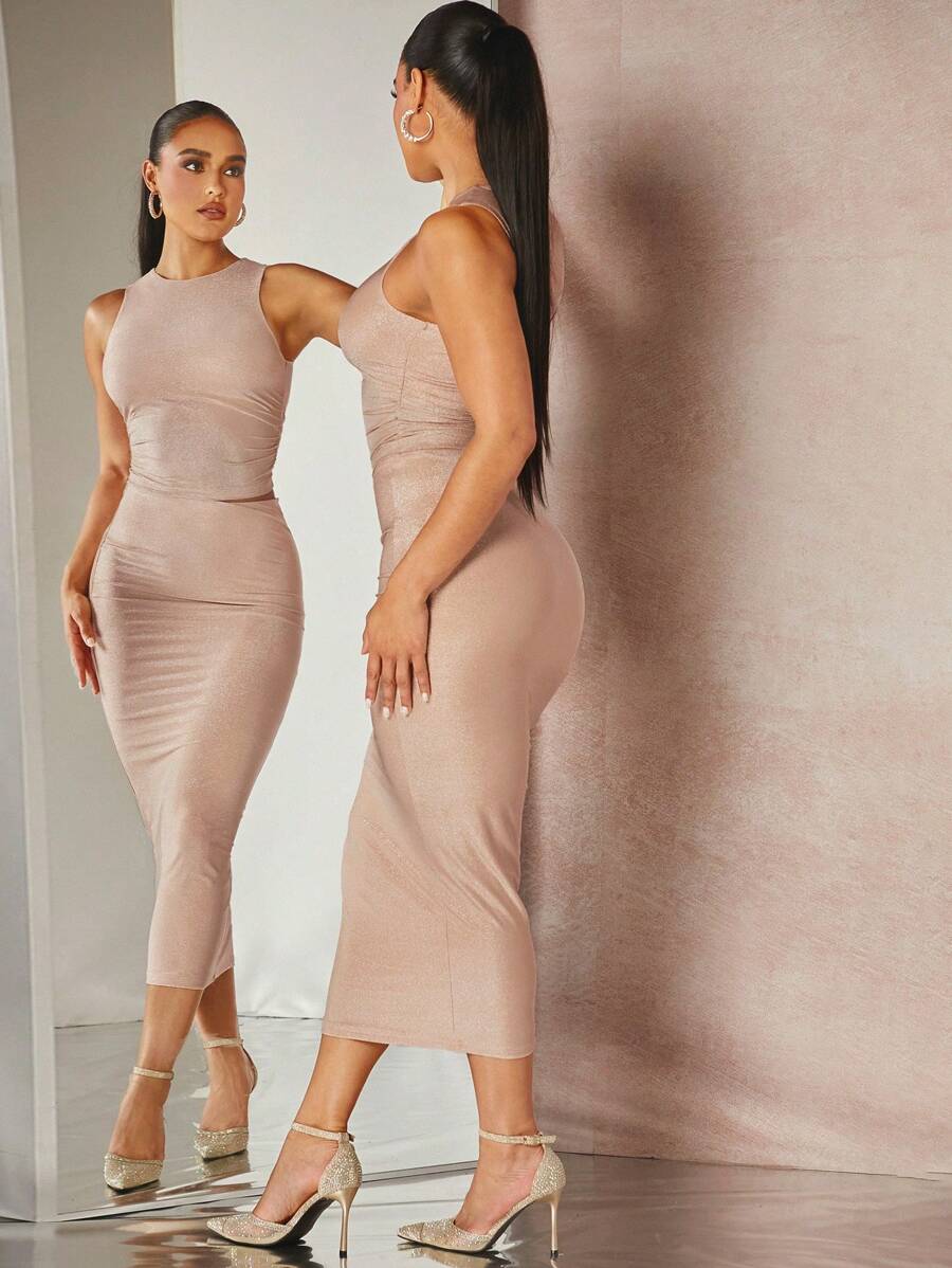 SHEIN BAE Solid Tank Top & Pencil Skirt - Apricot - View 1