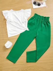 SHEIN Garota pré-adolescente Gráfico de Figura & Letra Acabamento De Babados Camiseta & Cintura Do Saco De Papel Calças