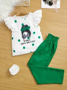 SHEIN Garota pré-adolescente Gráfico de Figura & Letra Acabamento De Babados Camiseta & Cintura Do Saco De Papel Calças