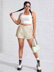 Plus Raw Trim Denim Shorts - Khaki - View 4