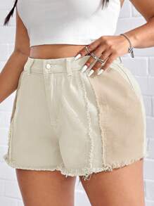 Plus Raw Trim Denim Shorts - Khaki - View 5