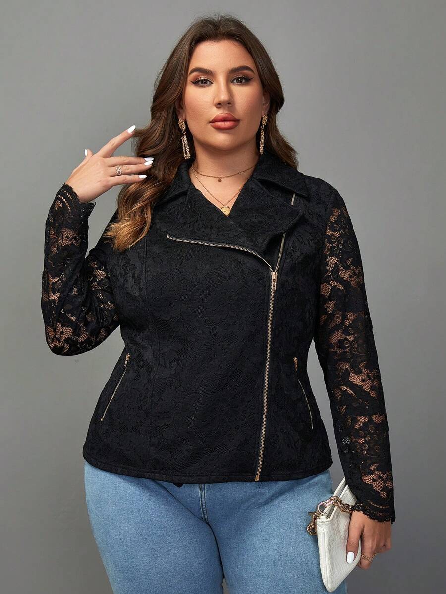 SHEIN Clasi 大碼拉鏈開襟蕾絲機車夾克 - 黑色 - 查看 1