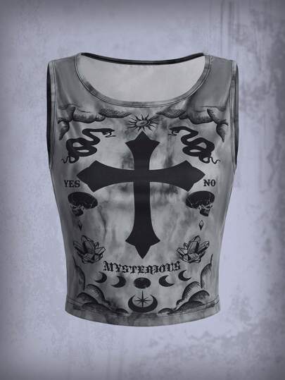Goth Top tank con letra cruzado con estampado de tie dye
