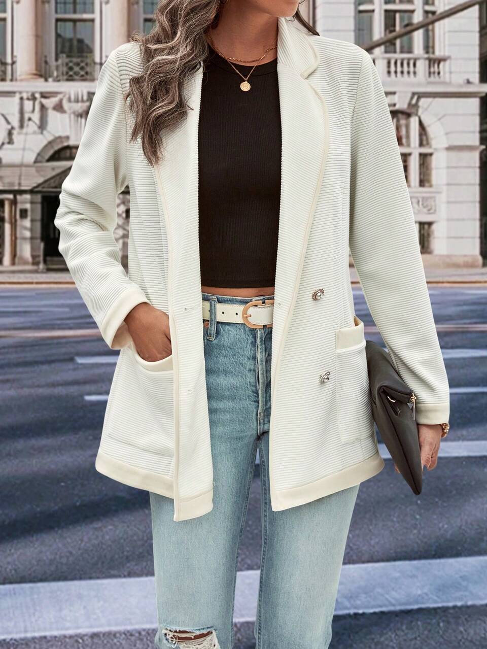 Double Breasted Dual Pocket Contrast Trim Blazer