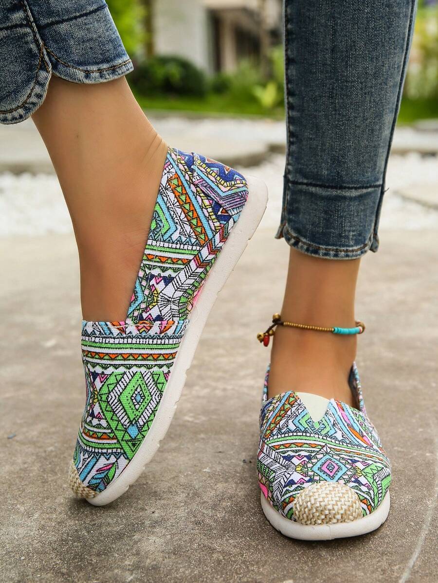 Zapatos de pescador deslizables con bloque de color y diseño geométrico de moda para mujer - Multicolor - Ver 1
