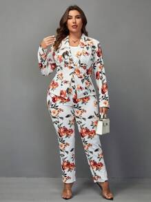 SHEIN Clasi Plus Floral Print Shawl Neck Blazer & Pants Without Cami Top - Multicolor - View 1