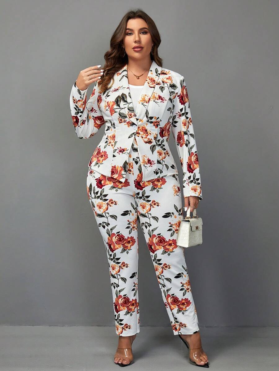 SHEIN Clasi Plus Floral Print Shawl Neck Blazer & Pants Without Cami Top - Multicolor - View 1