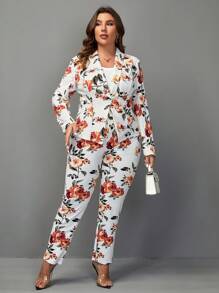 SHEIN Clasi Plus Floral Print Shawl Neck Blazer & Pants Without Cami Top - Multicolor - View 4