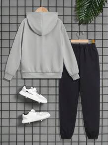 SHEIN Leap Crew Tween Boy Japanese Letter & Figure Graphic Hoodie & Drawstring Waist Joggers - Light Grey - View 2