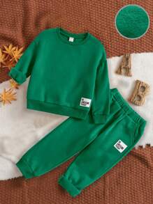 SHEIN Chàng trai trẻ Thư được vá Áo pull ấm áp & Quần nỉ - màu xanh lá - Xem 1