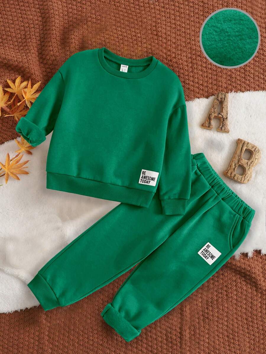 SHEIN Chàng trai trẻ Thư được vá Áo pull ấm áp & Quần nỉ - màu xanh lá - Xem 1