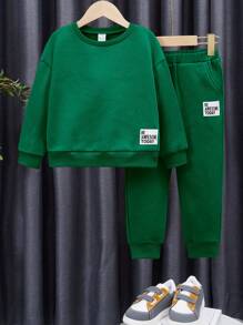 SHEIN Chàng trai trẻ Thư được vá Áo pull ấm áp & Quần nỉ - màu xanh lá - Xem 5