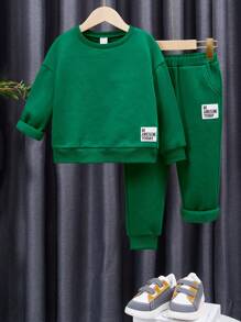 SHEIN Chàng trai trẻ Thư được vá Áo pull ấm áp & Quần nỉ - màu xanh lá - Xem 6