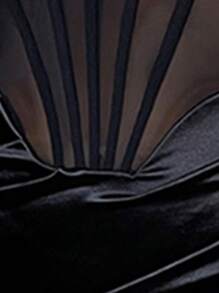 Allurite Contrast Mesh Split Thigh Bustier Satin Cami Dress - Black - View 7