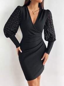 SHEIN Privé Contrast Mesh Lantern Sleeve Ruched Side Bodycon Dress - Black - View 4