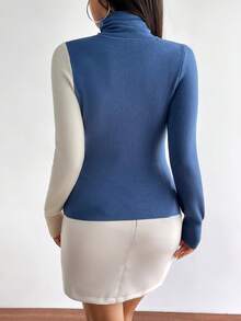 SHEIN Privé Hai âm Cổ cao Áo len - Xanh và trắng - Xem 2