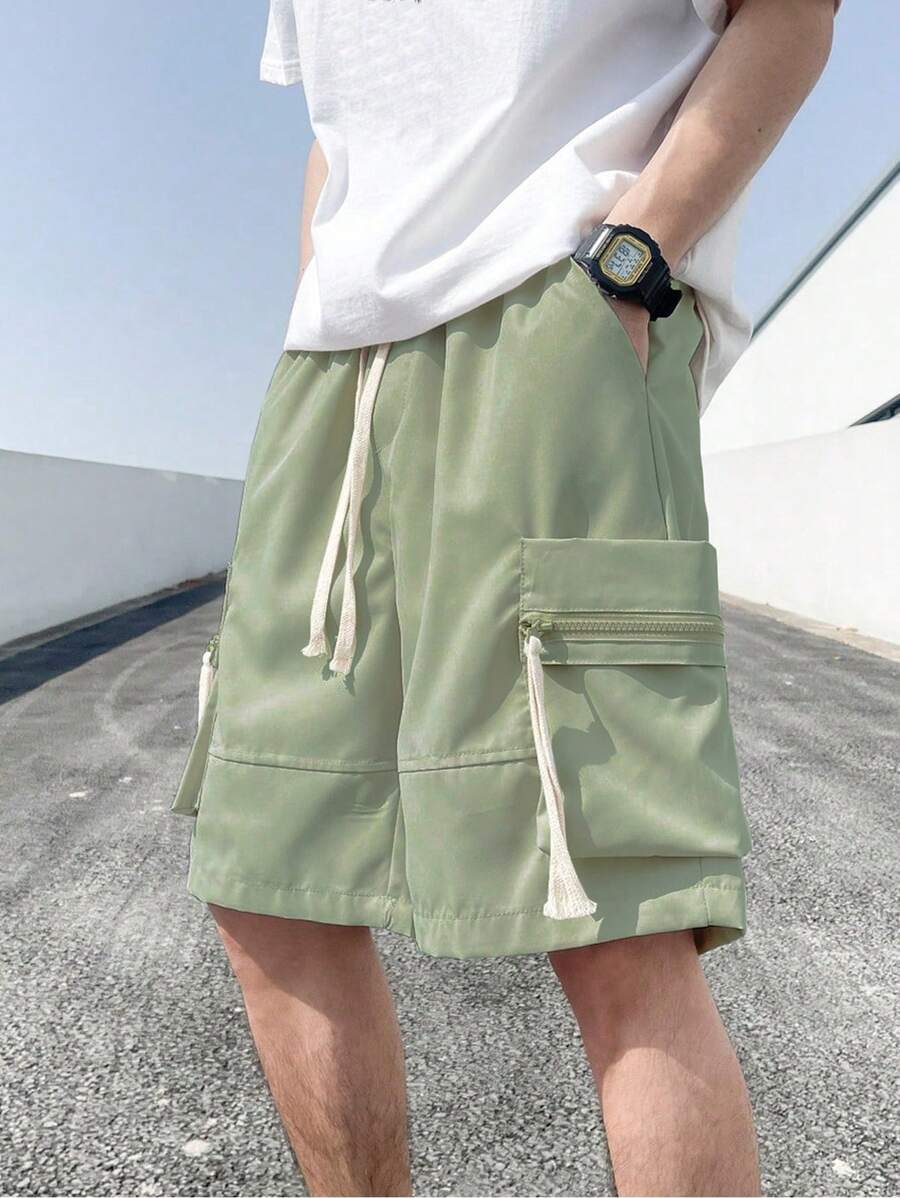 Manfinity Loose-Fit Men's Cargo Shorts With Flap Pockets, Side Drawstring Waistband - Army Green - View 1