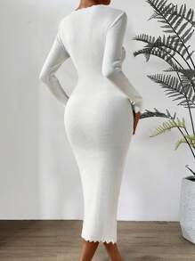 Chiquease Square Neck Lettuce Trim Ribbed Knit Bodycon Jumper Dress - White - View 2