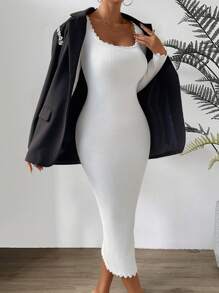 Chiquease Square Neck Lettuce Trim Ribbed Knit Bodycon Jumper Dress - White - View 7