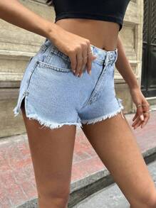 SHEIN Cottnline Raw Hem Denim Shorts - Light Wash - View 6