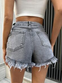 Cottnline Raw Hem Quần short Denim - Màu xám đen - Xem 2