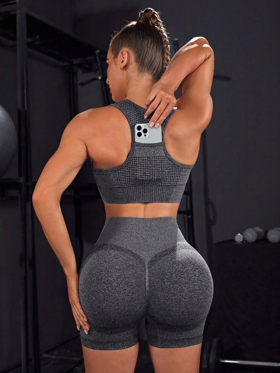 Seamless High Stretch Sports Bra With Cycling Shorts - Dark Grey - View 1