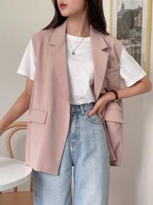 DAZY Chất rắn Nút đơn Áo gi lê - Hồng - Xem 3