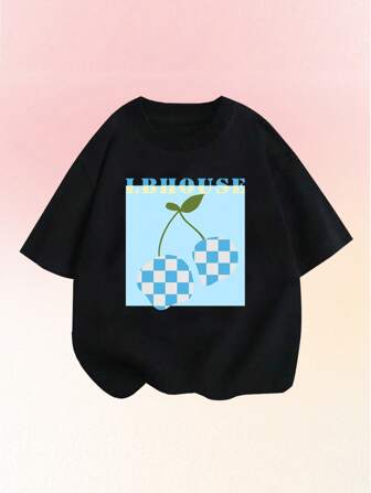 青少年女孩棋盤格和櫻桃圖案T恤