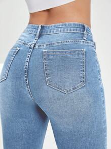 破洞卷邊破洞緊身七分牛仔褲 - 淺色水洗藍 - 查看 5