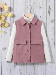 SHEIN 女大童無袖休閒素色襯衫夾克適用於秋冬 - 藕粉色 - 查看 1
