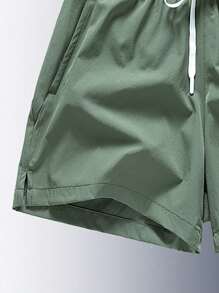 Men Letter Graphic Drawstring Waist Shorts - Army Green - View 4