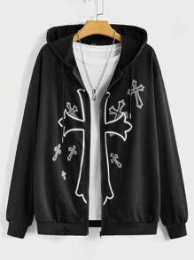 ROMWE MEN Goth Men Cross Graphic Zip Up Drawstring Hoodie Without Tee - Black - View 1