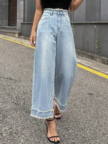 DAZY 實色生邊寬腿牛仔褲 - 淺色水洗藍 - 查看 4