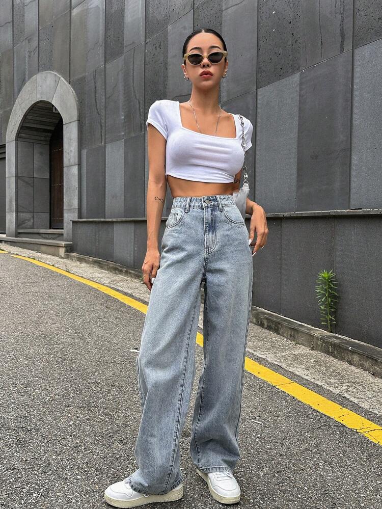 Washed Straight Leg Jeans With Slanted Pockets Streetwear Style All-Match
