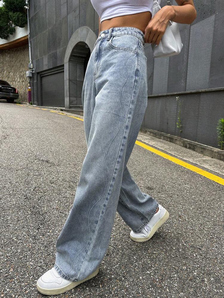 Washed Straight Leg Jeans With Slanted Pockets Streetwear Style All-Match