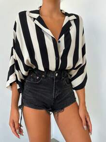 EURMUSE 100%Cotton Striped Print Batwing Sleeve Shirt - Black and White - View 4