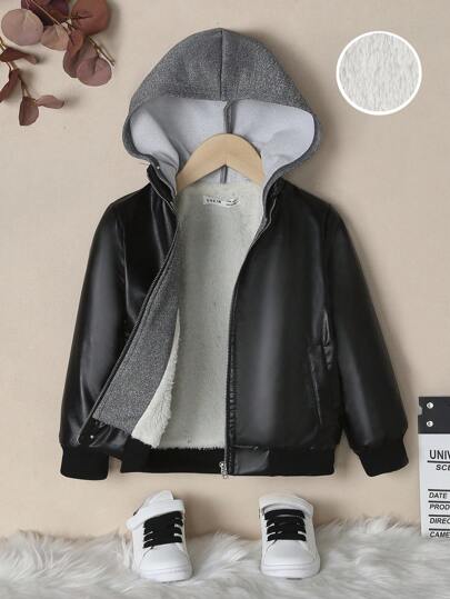SHEIN 男小童撞色連帽加厚PU皮革長袖拉鍊夾克,中等厚