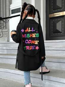 女小童標語圖案腰帶風衣外套 - 黑色 - 查看 1