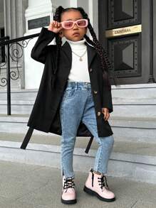 女小童標語圖案腰帶風衣外套 - 黑色 - 查看 2