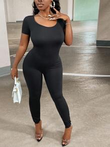 Slaydiva Solid Scoop Neck Unitard Jumpsuit - Black - View 1