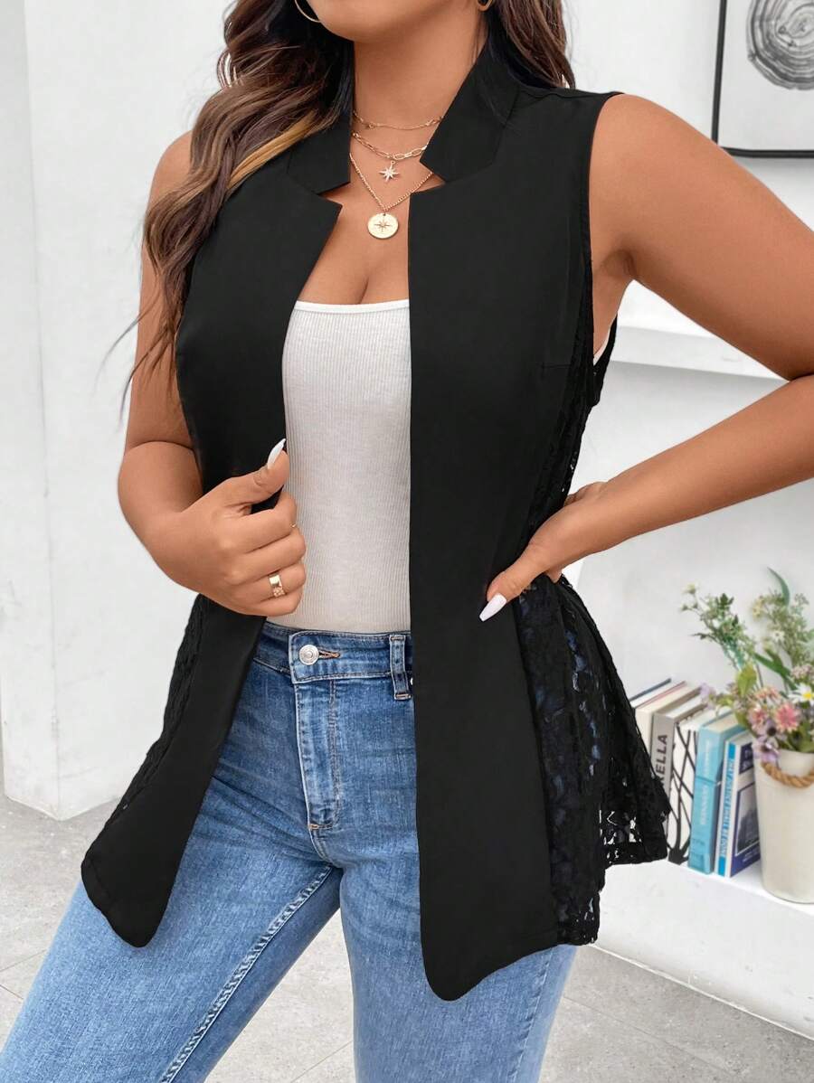 SHEIN LUNE Plus Contrast Lace Open Front Vest Blazer - Black - View 1