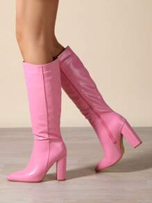 Women Side Zipper Pointed Toe Chunky High Heel Boots, Fashionable And Versatile For Outdoor - Pink - View 1