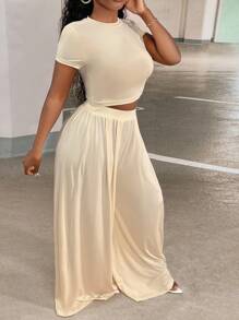 Slaydiva Casual Solid Crop Round Neck Short Sleeve Tee & Loose Wide Leg Pants Women's Two Pieces Set