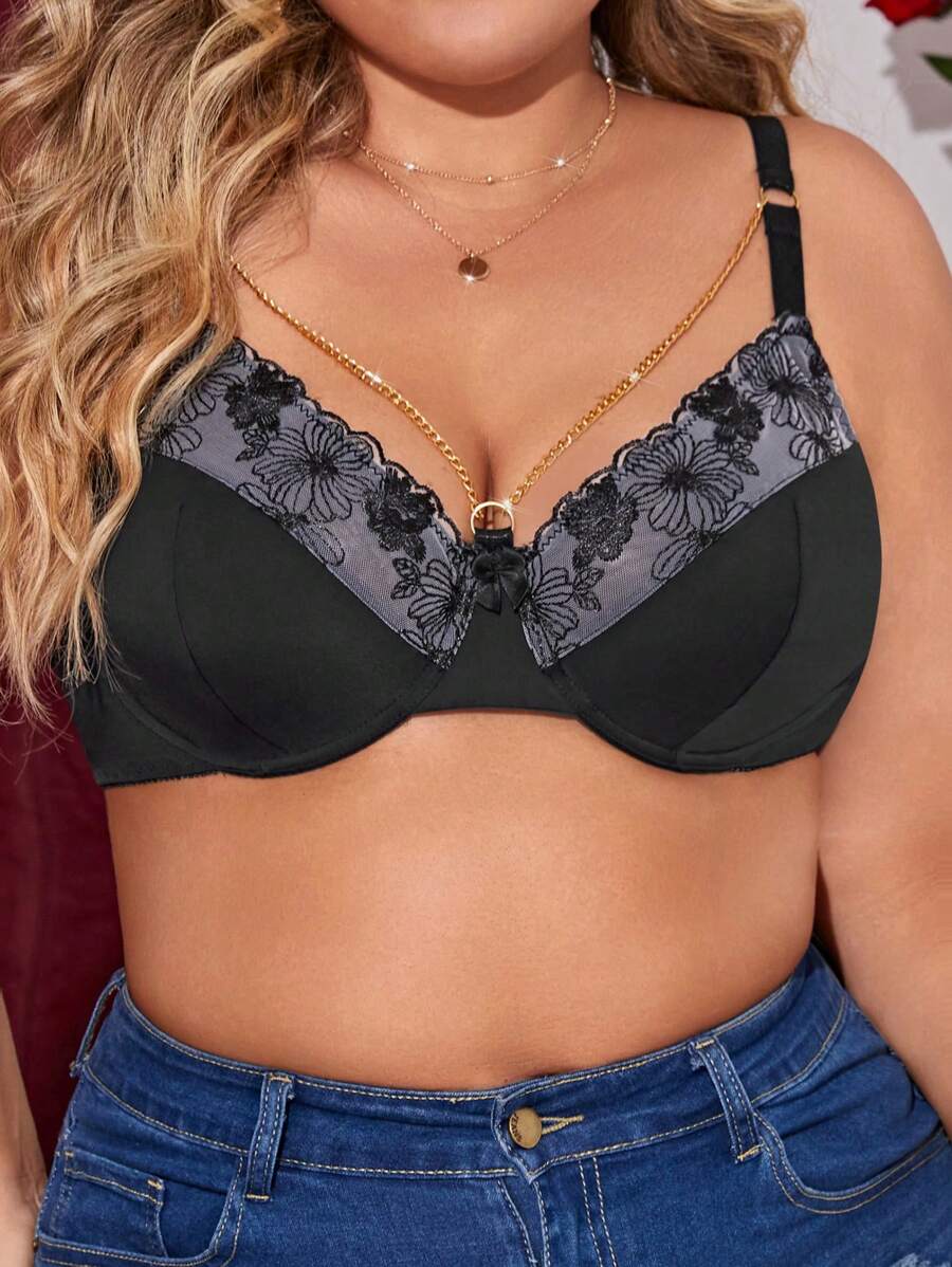 Talla grande Sujetador con encaje en contraste con aro - Negro - Ver 1