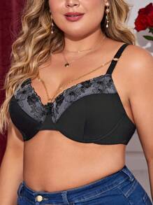Talla grande Sujetador con encaje en contraste con aro - Negro - Ver 3