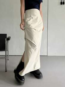DAZY 純色褶皺分裂擺裙 - 卡其色 - 查看 1